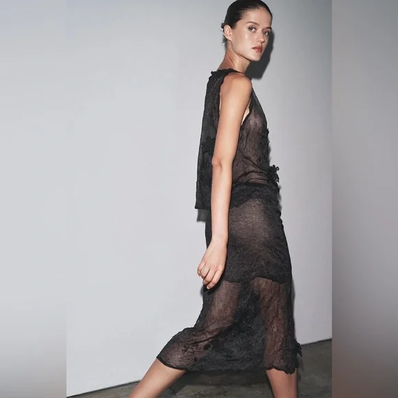 Zara NWT Semi Sheer Floral Combination Fabric Resort Wear Midi Skirt (Medium) - Picture 4 of 5